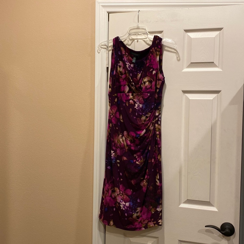 Ralph Lauren sleeveless ruched floral print faux wraparound dress